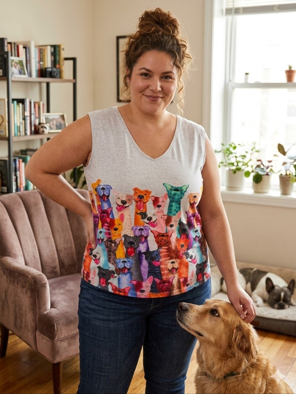 {Just Fashion Now} Women’s Light Gray Sleeveless Tee  - Colorful Dog Print - XL